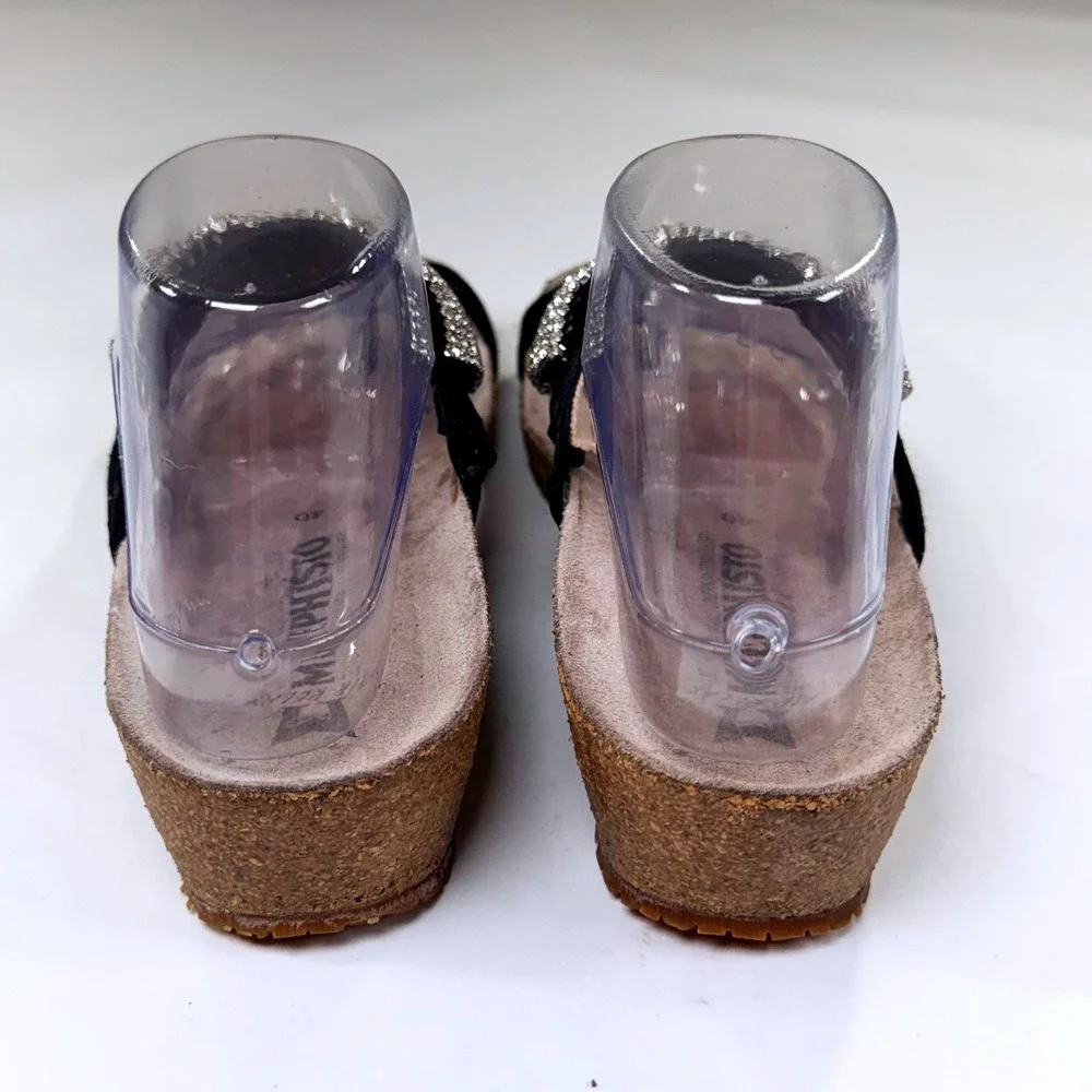 Mephisto Izabel Sandals Womens 40 Black Suede Rhinestone Embellished Cork Wedge